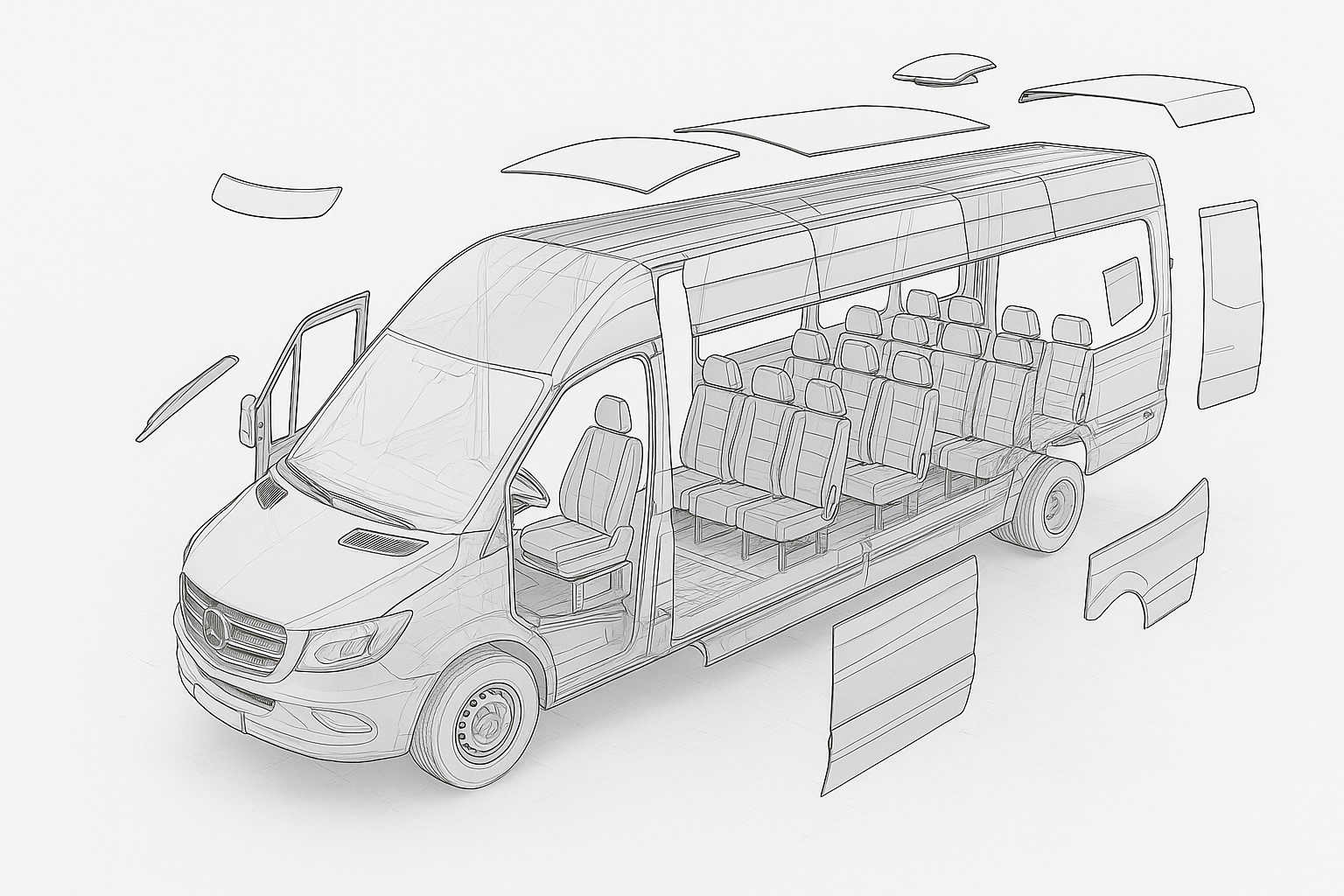 Wireframe microbuz — caroserie și scaune (vedere explodată)